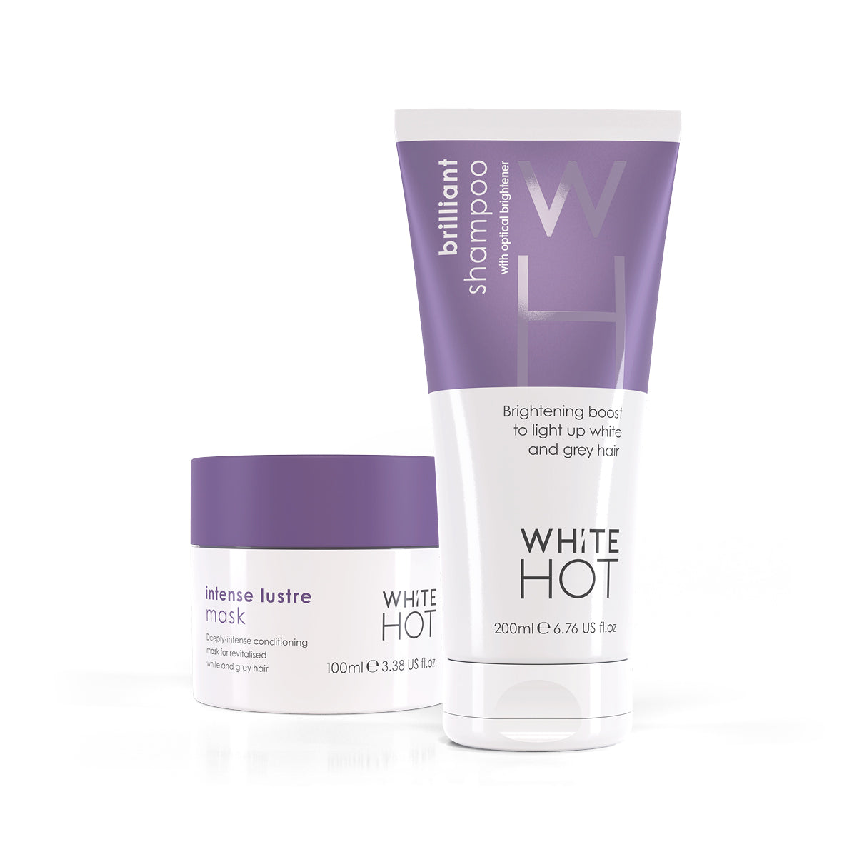Two hair care products from White Hot brand, a brilliant shampoo in a blue tube and an intense lustre mask in a purple tube, against a white background.