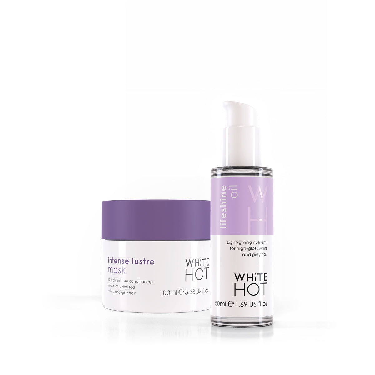 A jar of Intense Lustre Mask and a spray bottle of Lifeshine Oil from White Hot, both with purple and blue labels.